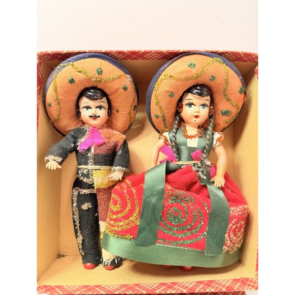 Other - Vintage Mexican Folk Art Dolls Couple Man & Woman in Original Box Souvenir